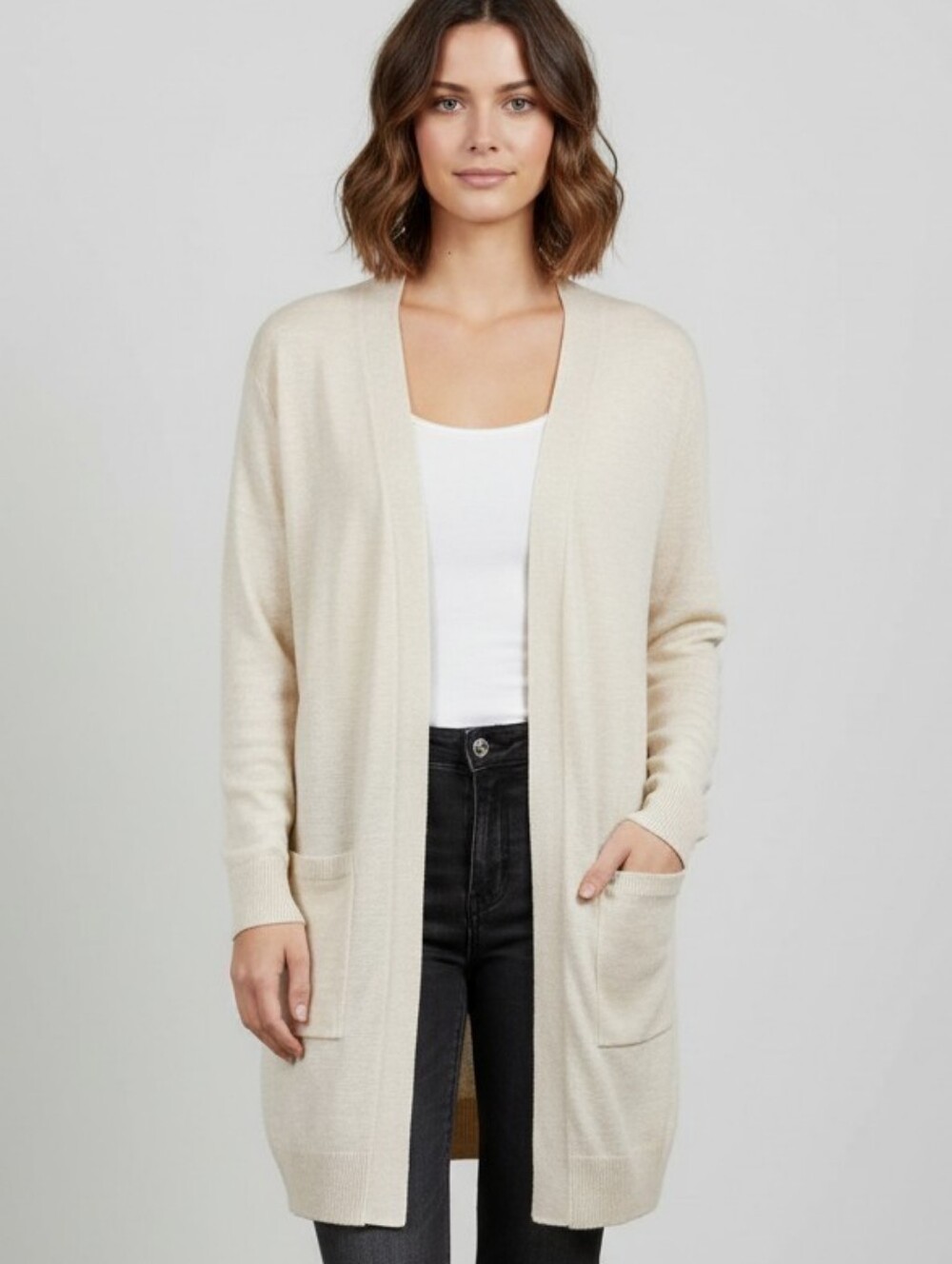 Duluth Trading Co Cream Open-Front Long Knit Cardigan